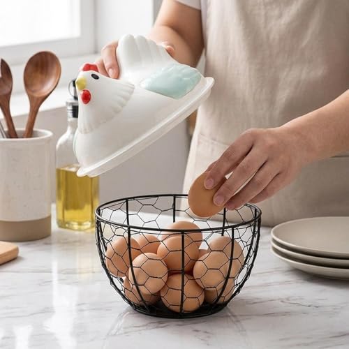 Chicken Egg Basket Metal Iron Wire Egg Collection Basket Vegetable Fruit Basket Farmhouse Decorative Storage with Ergonomic Handles Suitable for, Green Lid