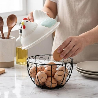 Chicken Egg Basket Metal Iron Wire Egg Collection Basket Vegetable Fruit Basket Farmhouse Decorative Storage with Ergonomic Handles Suitable for, Green Lid