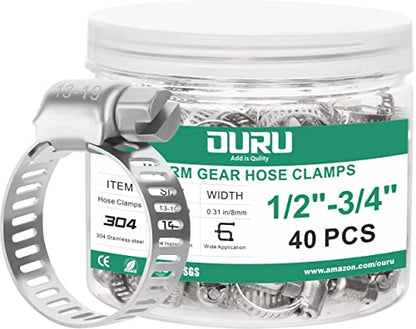 OURU 40PCS Hose Clamps Stainless Steel Adjustable 1/2"– 3/4"(13-19mm) Worm Gear Hose Clamp, Heavy Duty Metal Small Hose Clamps for Automotive, Pipe, Radiator Plumbing, Fuel Line - size: 1/2"-3/4"(13-19mm) 40PCS
