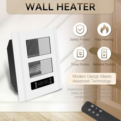 Electric Wall Heater for Indoor Use, 120V Wall Heater with Thermostat and Remote, 3 Heating Modes, 9H Timer, Child Lock, Overheat Protection, Suitable for Bathroom, 1500/750 Watt, Hardwired - color: White
