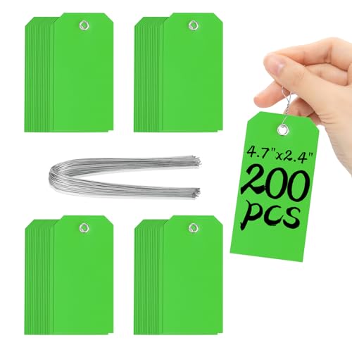 XUWAIDSGN 200 Pieces 4 3/4" x 2 3/8" Green Plastic Shipping Tags with Wire - Durable, Waterproof, Writable for Inventory, Luggage, Garage, Parts - color: Green