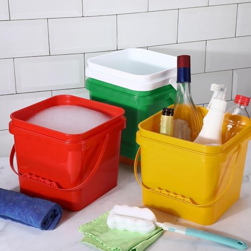 Mifoci 4 Pcs Plastic Bucket 5 Quart Square Cleaning Bucket Utility Small Pail with Handle for House Cleaning Storage Livestock Feeding Car Washing (Red,Yellow,White,Green) - color: Red, Yellow, White, Green