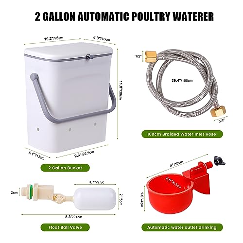 Automatic Water Dispenser for Chickens, 2 Gallons Float-Control Auto Waterer with 4 Water Cups, Chicken Drinker with Hose Attachment for Chicks, Gooses, Ducks, Turkeys