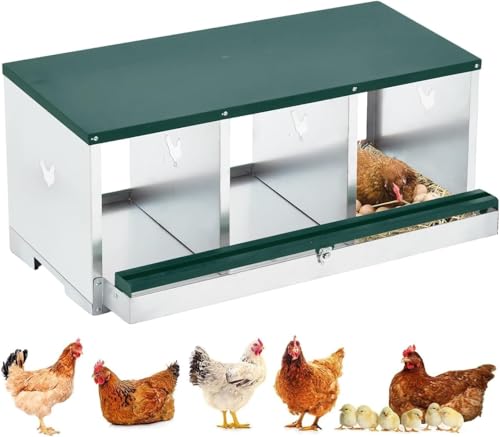 Chicken Nesting Boxes, 3 Hole Chicken Egg Laying Boxes with Lid, Metal Nesting Boxes for Chickens with Swing Perch and Roll Away Egg Collection for Chicken Coop, Nest Box Single Layer 3 Compartments - color: Green, size: 1 layer 3-Compartments