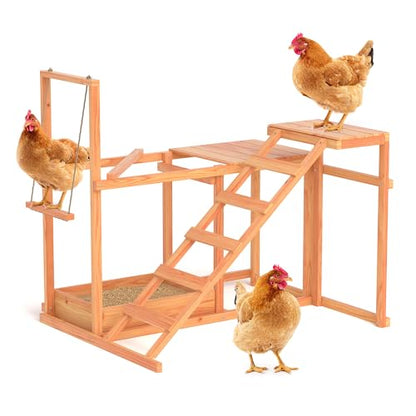 GOJOOASIS Chicken Activity Play Set - Poultry Run with Wood Stand, Ladder, Platforms, Swing, Food Storage, Chicken Toy for Coop, Outdoor Birds Pet Entertainment