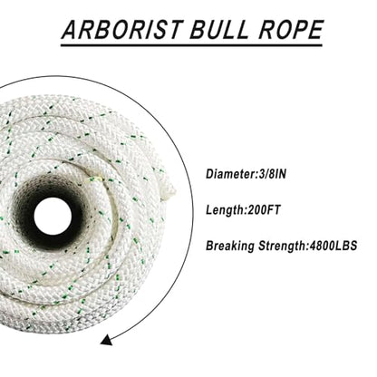 3/8 inch Arborist Bull Rope 4800Lbs Breaking Strength 200 Feet New Braided Polyester Rope - color: White, size: 3/8" 200ft