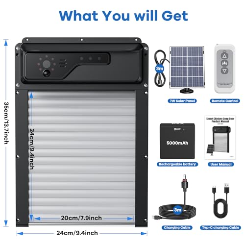 WiFi Automatic Chicken Coop Door with Camera, APP Remote Control, Smart Solar Powered Auto Chicken Door Opener with Timer, Night Vision, Anti-Pinch Safety, Smart Alerts, Space-Saving Roll-Up Design