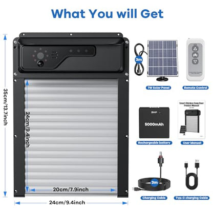 WiFi Automatic Chicken Coop Door with Camera, APP Remote Control, Smart Solar Powered Auto Chicken Door Opener with Timer, Night Vision, Anti-Pinch Safety, Smart Alerts, Space-Saving Roll-Up Design