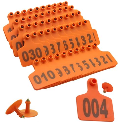 Cattle Ear Tags with Numbered Plastic Livestock Animal Ear Tag for Cows Goats Sheep Pigs Animal Identification Earring Tagger Orange 401-500 - size: 401-500