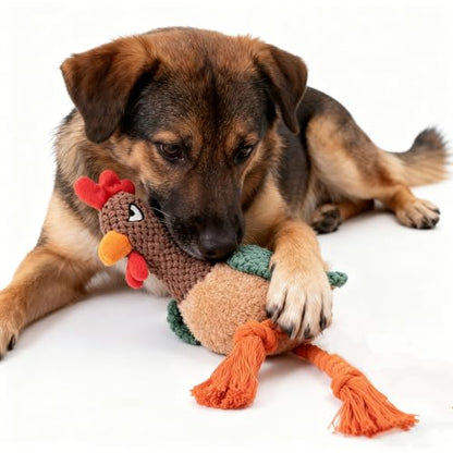 Plush Chicken Dog Toy with Squeaker, Interactive Rope Legs for Small and Medium Dogs, Multicolor Tug and Fetch Chew Rooster Toy - color: Brown Rooster