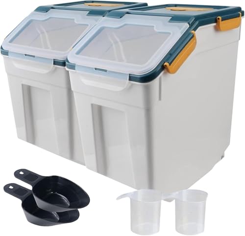 50lb Flour Storage Container with Lid, 2 Pack Large Airtight Rice Storage Container with Wheels, Measuring Cup, Scoop, for Sugar Grain Cereal Dry Food, Rice Dispenser, Pantry Organization (Dark Blue) - color: Dark Blue