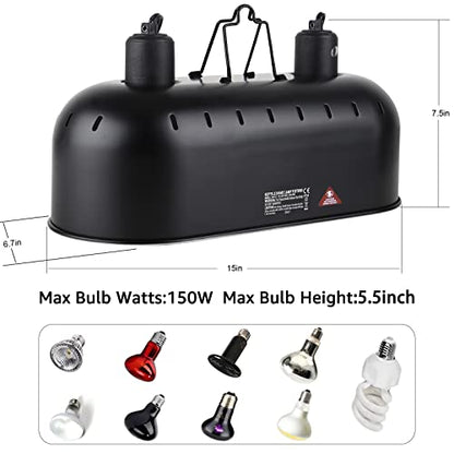 DXOPHIEX Dual Reptile Light Fixture,Reptile Heat Lamp Fixture with 150W Intense Basking Bulb&Ceramic Heat Emitter,Double Dome Heat Lamp for Lizard,Gecko,Bearded Dragon,Tortoise,Snake,Chameleon - style: 15inch with 150W Intense Basking Bulb&Ceramic Heat Em