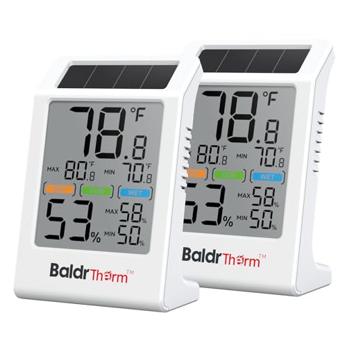 BaldrTherm Room Thermometer Indoor Humidity Meter Solar Powered with Max/Min Memory & Comfort Indicator - 3.2" Large Display for Home, White (White 2pack) - color: White 2pack