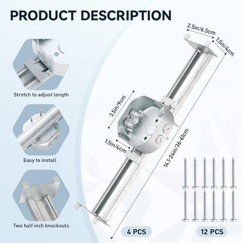 INMOZATA IMOZATA Adjustable Ceiling Fan Bracket, Welded Sturdy Construction, 4-Pack, 14.2 Inch Length Mounting Brace for Fans and Light Fixtures
