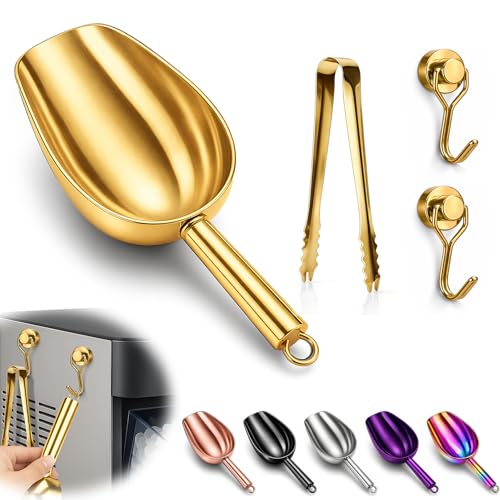 Stainless Steel Ice Scoop for Freezer with Magnetic Hook & Ice Tongs - Ice Scoop for GE Profile Opal 2.0 Nugget Ice Maker, for Kitchen Bar Party Accessories (6OZ- Gold) - color: Gold, size: 6oz