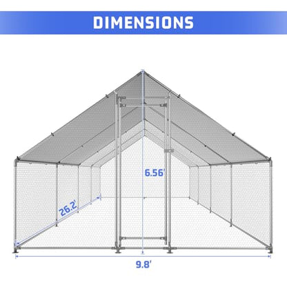 HEYTOWN Large Metal Chicken Coop Chicken Pen Walk-in Poultry Cage with Water-Resident and Anti-UV Cover Chicken Runs for Yard with Cover Duck Rabbit Dog House Outdoor - size: 26.2’L×9.8’W×6.5’H