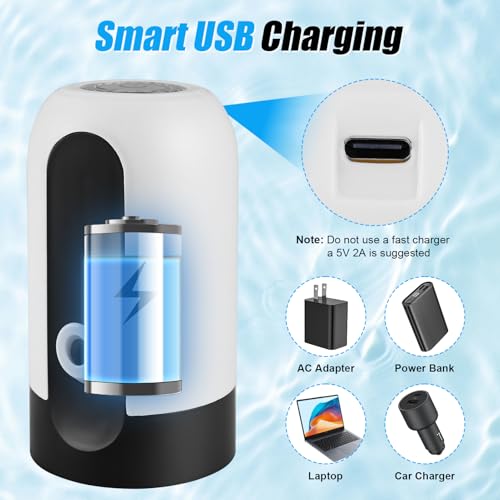 CHIVENIDO 5 Gallon Water Dispenser - Water Bottle Pump with Reusable Cap for Screw Top or Crown Tops, USB Charging Water Jug Dispenser for Universal 2-5 Gallon Bottle (White) - color: White