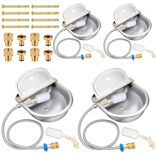 Bokon 4 Set Automatic Animal Drinking Water Trough Bowl Automatic Livestock Drinking Dispenser Stainless Steel Waterer for Horses Dogs Goat Pig with Float Pipe Connector Countersunk Bolt