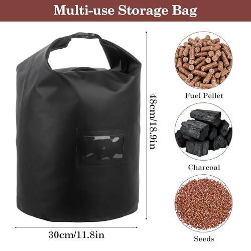 Klmnop 22 lbs Wood Pellet Storage Bag, Waterproof 500D Oxford Fabric Container with Handle and PVC Label Window for Pellets and Charcoal, Wood Chips(Black)