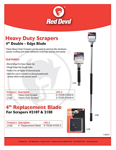 Red Devil 2108 Long Handle Heavy Duty Floor Scraper with 4-Inch Double Edge Steel Blade, Cushioned Grip Handle for Tile, Linoleum, and Carpet Removal - size: 1 Pack, style: Long Handle