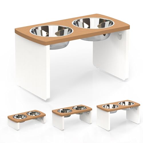 Elevated Dog Bowls, Waterproof Raised Dog Bowl for Medium & Large Dogs, HIPS Poly Lumber Stand with 2 Stainless Steel Bowls, Indoor & Outdoor Use (13'' Tall–68 oz Bowl, Teak - White) - color: Teak - White, size: X Large: 13'' Tall-68 oz Bowl