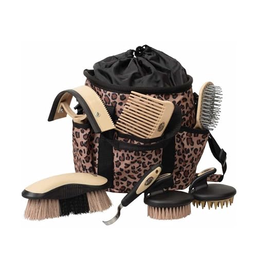 Weaver Equine Horse Grooming Kit, 7-Piece Horse Brush Set with Organizer Tote Bag, Hoof Pick, Comb, Sweat Scraper, Equine Tools for Daily Grooming, Leopard - color: Tan Leopard