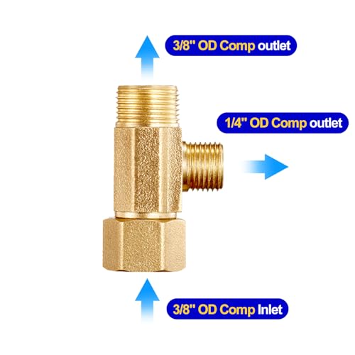 Add-A-Tee Adapter，Lead-Free Splitting Water Supply Fitting 3/8" Compression Inlet x 3/8" Outlet x 1/4" Outlet，Brass 3 Way Adapter Or Tee Connector With Sealing Gasket(1 PCS) - size: 1/4 Comp-3/8 Comp-3/8 Comp Tee