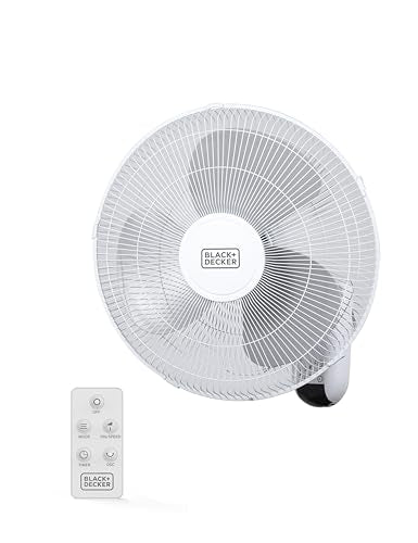 BLACK+DECKER 16" Wall Mount Fan With Remote Control, Oscillating With 3 Speed Settings and Shut Off Timer, Adjustable Tilt Angle, White - color: White, size: Wall Fan (Pack of 1)