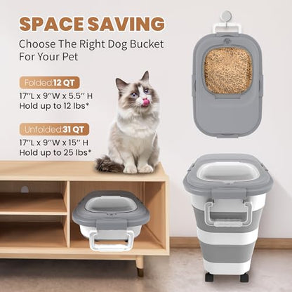 23-25 Lbs Airtight Dog Food Storage Container,Collapsible Dog Food Container with Lid,Wheels,Handle,Large Pet food storage Container with Scoop,Small Food Container for Dog Cat - color: Grey/25 LBS