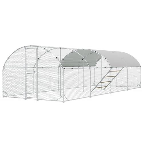 Large Metal Chicken Coop, 10x26x6.5ft Walk in Chicken Runs for Yard with Covers, Outdoor Chicken Pen with Roosting Perch and Split Door, Dome Roof Poultry Cage for Chicken, Duck