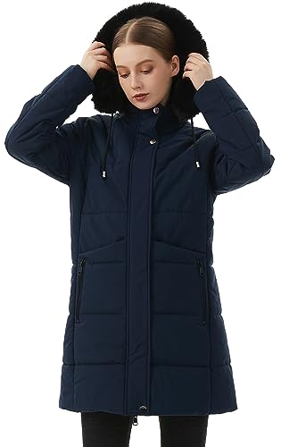 MOERDENG Women's Winter Puffer Coat Thicken Fleece Lined Down Jacket Waterproof Faux Fur Detachable Hooded Parka - color: Navy, size: Small
