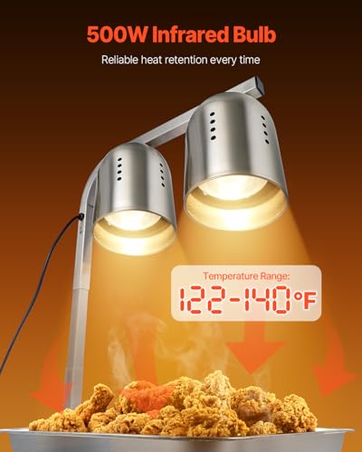 VEVOR Food Heat Lamp, 500W Bulbs, Commercial Food Warmer Light, Electric Stainless Steel French Fry Heating Lamp, Free-Standing, Catering Food Warming Equipment for Kitchen Buffet Restaurant, Silver