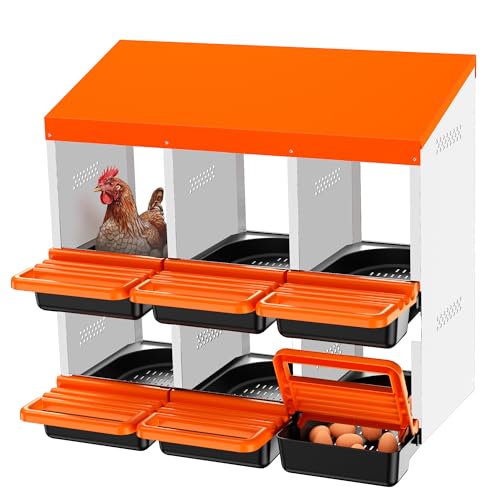 Chicken Nesting Boxes, Metal Roll Away Nest Box for Chickens Laying Egg with Lid Cover to Protect Eggs (6 Holes Orange) - size: 6 Holes