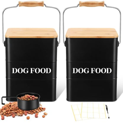 Tioncy 2 Pcs Metal Dog Food Storage Containers Total 10-14 Lbs (50 Cup) Capacity, Airtight Pet Food Canister with Bamboo Lids Scoop DIY Labels Dog Treat Storage Jars for Kitchen Counter(Matte Black) - color: Matte Black