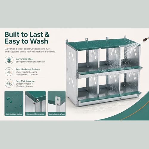 6 Hole Chicken Nesting Box for Laying, Galvanized Steel Metal Nest with Sloped Design for Egg Protection,Easy Assembly & Cleaning for Backyard Coop (Green) - size: 6compartment