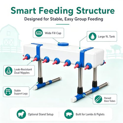 Lamb Beverage Feeder, Calf's Milk Drink, Corral Feeder Cattle Breeding Feed, 12 Head with Holder, Also Included are 10 Nipples. 9l Large Capacity Milk Box, for Farm Ranch
