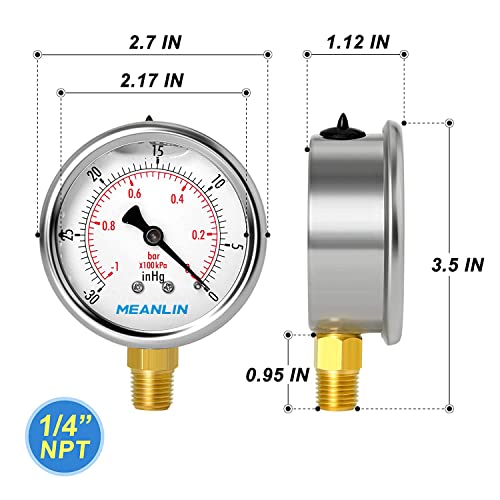 MEANLIN MEASURE -30inHG~0Psi Stainless Steel 1/4" NPT 2.5" FACE DIAL Vacuum Pressure Gauge, Lower Mount, with 1/2" NPT and 3/8" NPT Hex Bushing - size: -30inHG-0Psi