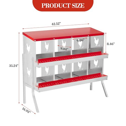 Chicken Nesting Box,8 Compartments Galvanized Steel Metal Chicken Laying Box with Roll Out Egg Collection,Wall Mount Chicken Nesting Boxes,Easy Egg Collection, Hen Roosting Boxes - color: Red, size: 8 Holes with Legs