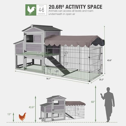 Mobile Chicken Coop with Run, Large Outdoor Wooden Poultry Cage Hen House with Wheels, Nesting Box, Pull-Out Tray, Waterproof Roof, Grey, 79.1" L x 25.2" W x 43.6" H, for 4-6 Chickens - size: 79.1"L x 25.2"W x 43.6"H