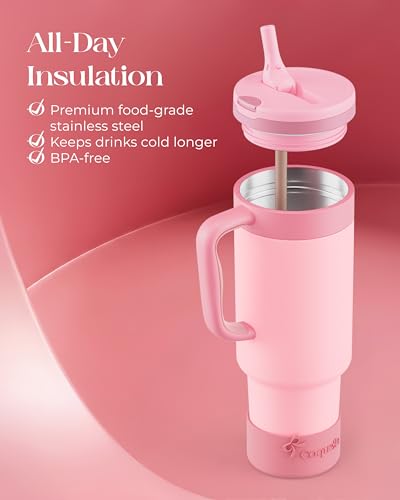 40 oz Insulated Tumbler with Handle and Push-Button Straw Lid, Stainless Steel Travel Cup for Gym Office, Leakproof, BPA-Free, Cup Holder Friendly, Bow Silicone Boot, Pink (Rose Quartz) - color: Rose Quartz