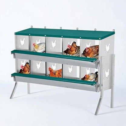 Wall Mounted Chicken Nesting Box – Weather Resistant Galvanized Steel Poultry Nest with 10 Absorbent Pads & 4 Fake Eggs, Egg Roll-Away System & Protective Lid for Coop, Barn, Backyard Hen House - size: 10 Room&Mat eggs