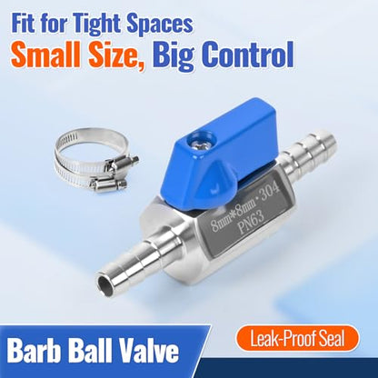 5/16" Hose ID Barb Ball Valve, 304 Stainless Steel Dual 8mm Barb Mini Heater Hose Shut Off Valve with Clamps for Fuel, Gas & Water Lines - size: 5/16 Inch