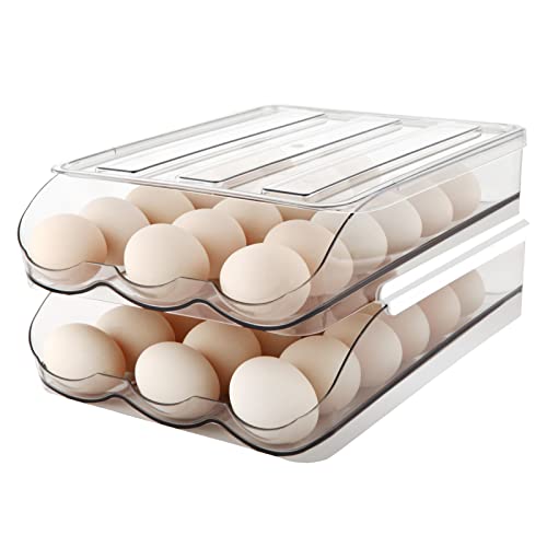 MesRosa Egg Holder for Fridge, Automatically Rolling Egg Storage Container for Refrigerator,Large Capacity Egg Organizer for Fridge with Lid,Clear Plastic Dispenser, Tray & Bin -2 Layer - size: 2 Layers Holder 36 Eggs