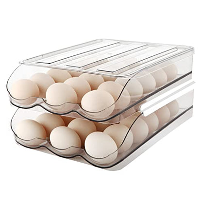 MesRosa Egg Holder for Fridge, Automatically Rolling Egg Storage Container for Refrigerator,Large Capacity Egg Organizer for Fridge with Lid,Clear Plastic Dispenser, Tray & Bin -2 Layer - size: 2 Layers Holder 36 Eggs