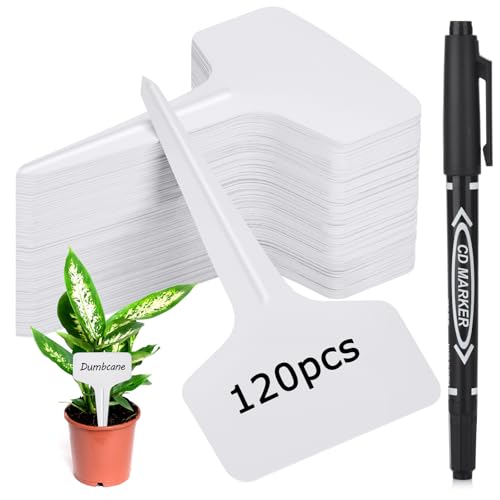 Darfukei Plant Labels 120pcs with Garden Plant Markers Pen of Outdoor Waterproof,T-Type Plant Tags and Permanent Marking Pen, Garden Labels Gardening Gifts for Women Men - style: T-120 pcs