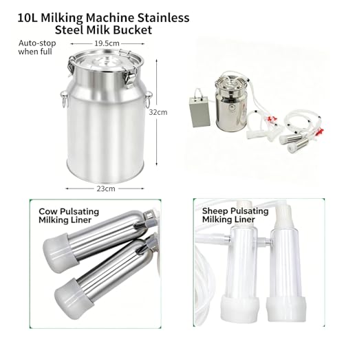2-in-1 Electric Milking Machine for Cattle and Sheep, Portable Pulse Control Milker, Rechargeable Battery Powered, with 4 Teat Cups 1 Food Grade Milk Bucket Suitable for Small 10L - size: 10L