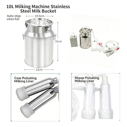 2-in-1 Electric Milking Machine for Cattle and Sheep, Portable Pulse Control Milker, Rechargeable Battery Powered, with 4 Teat Cups 1 Food Grade Milk Bucket Suitable for Small 10L - size: 10L