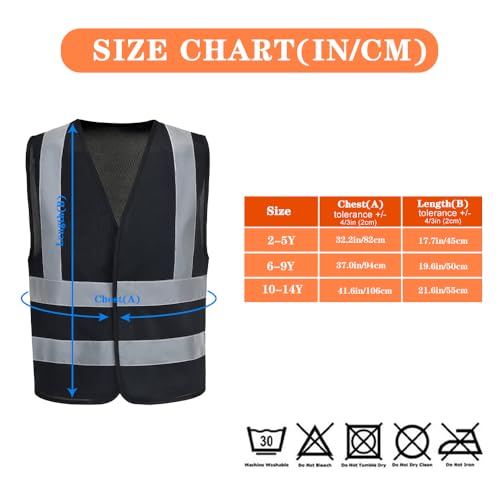AYKRM Kids High visibility viz vest hi vis viz reflective safety vests - color: Black-logo, size: 10-14Y