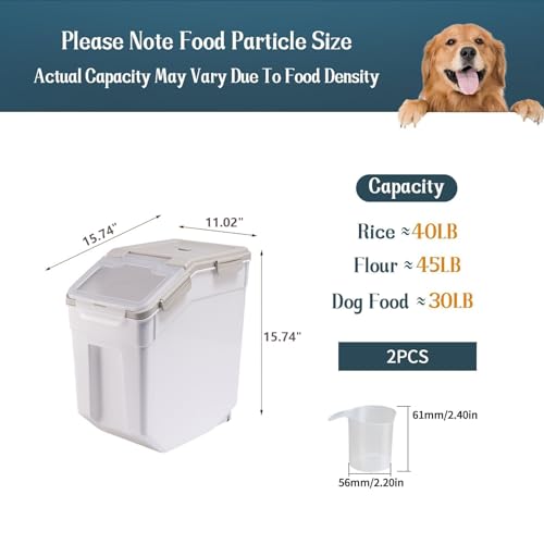 50 lbs Flour Storage Container, 2 Pack Rice Storage Container with Measuring Cup & Scoop, Pet Food Storage Container Dog Cat Food Bin, Grey - color: 50BL,2PCS,GRAY