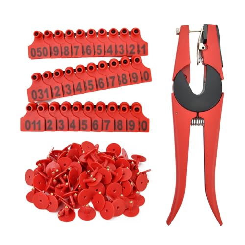 Pig Ear Tags 001-100 Number Plastic Livestock Tag with Punch Applicator Plier Tools for Farm Animal Sheep Goat Deer Ear, 100pcs Red - color: Red, size: Pig Ear Tags